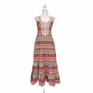 Vintage Blue Plate Red WHite Multicolor Boho Maxi Y2K Western Dress Festival